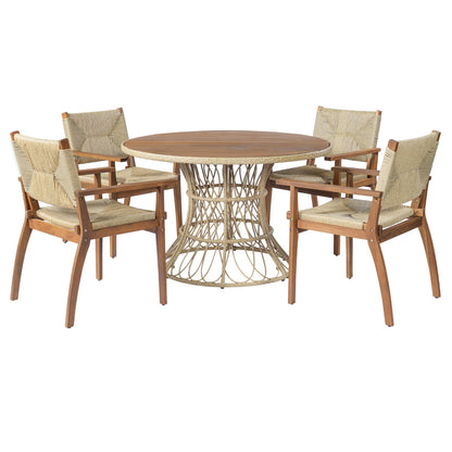 Merax 5-Piece Outdoor Dining Set, 47.24'' Round Acacia Wood Table & 4 Wicker Armchairs, Patio Furniture Set for Garden Balcony Deck, Teak Finish