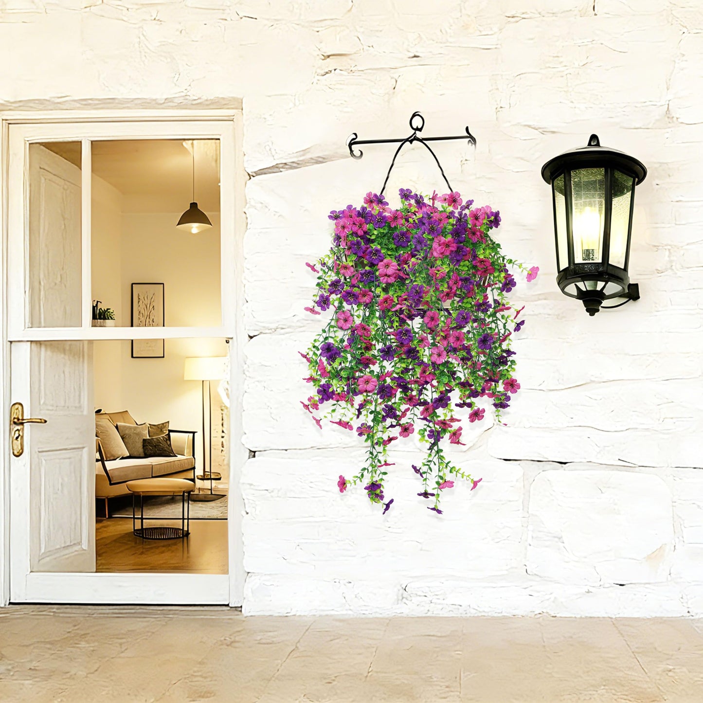 Senjie Artificial Hanging Flowers for Outdoor Spring Decor, 2 pcs UV Resistant Fake Silk Faux Flowers Plants for Outside Porch Patio Balcony Planters
