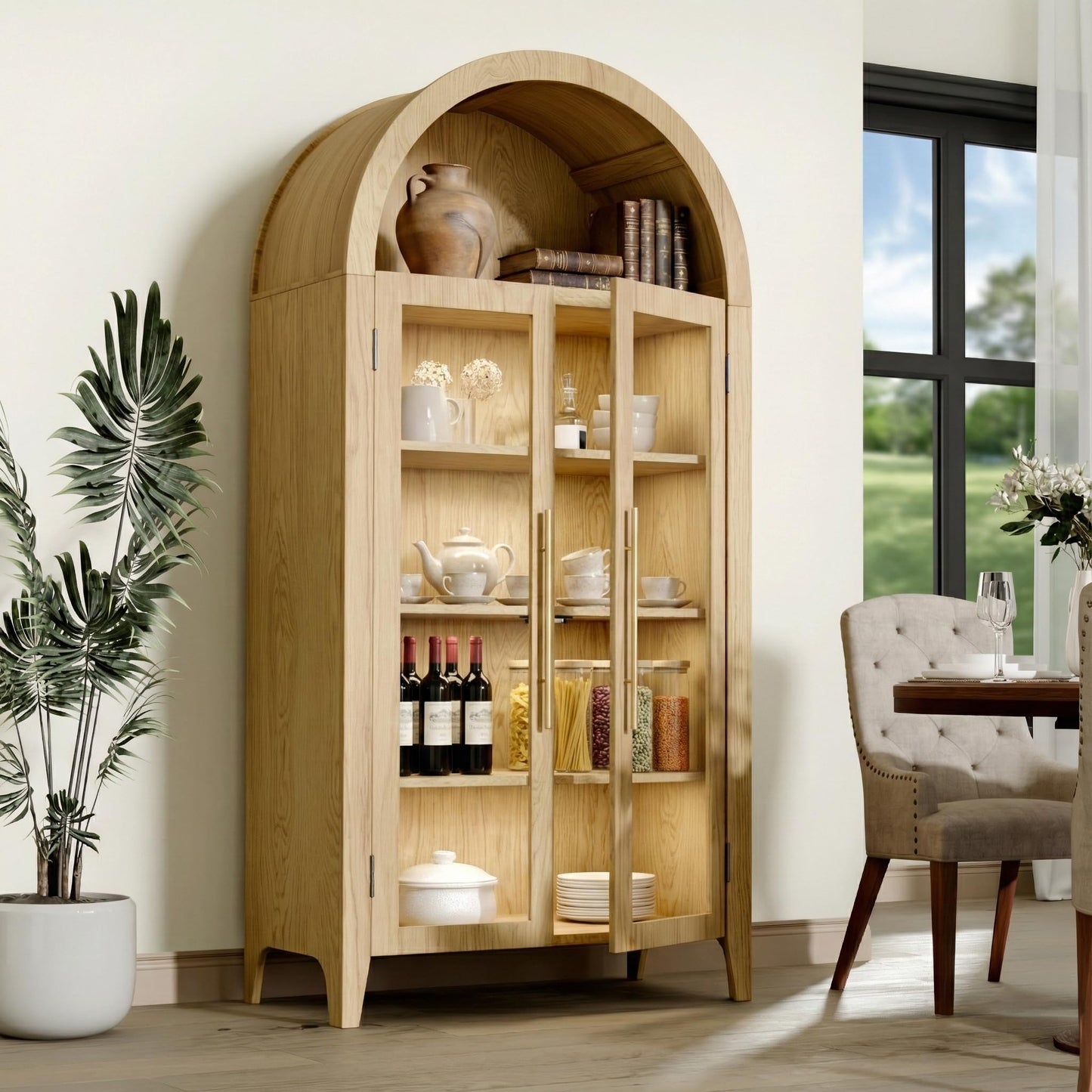Topcomfy 63" Arched Display Cabinet with Glass Doors, 5-Tier Display Cabinets for Collectibles Wood Display Cabinet with Adjustable Shelves Display Curio Cabinet for Living Room Office, Oak