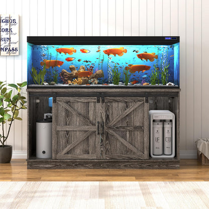 Hlivelood Farmhouse 75-120 Gallon Fish Tank Stand with Power Outlet, Aquarium Stand w/Cabinet&Sliding Barn Door, Heavy Duty Reptile Tank Stand for Fish/Turtle/Reptile Terrarium, 1000LB Capacity, Grey