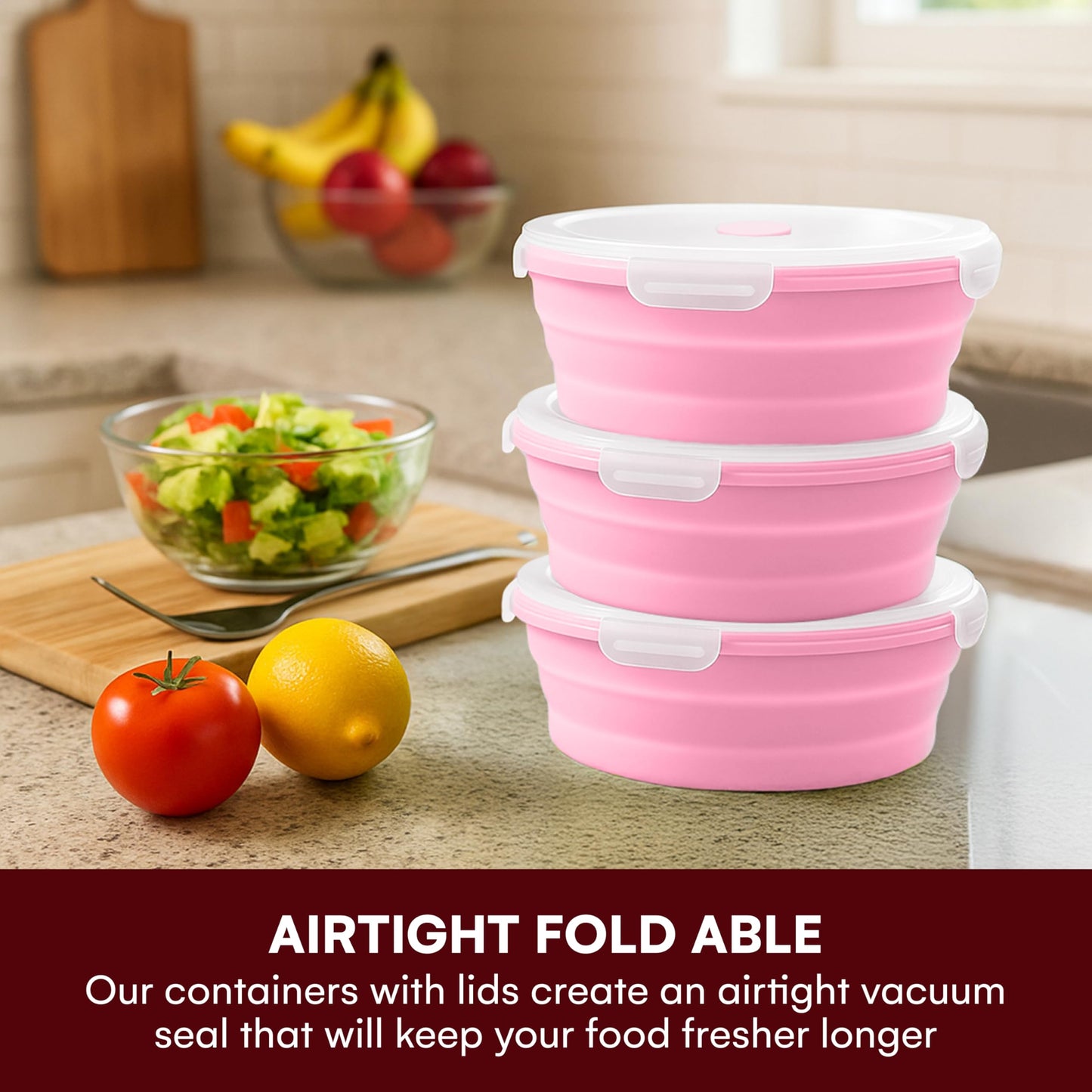 Vdomus Collapsible Food Storage Containers - Leak Proof, Microwave Safe - 40.5oz/1.2L Airtight Silicone Food Containers - Meal Prep Collapsible Bowls with Lids - Set of 3 - Green