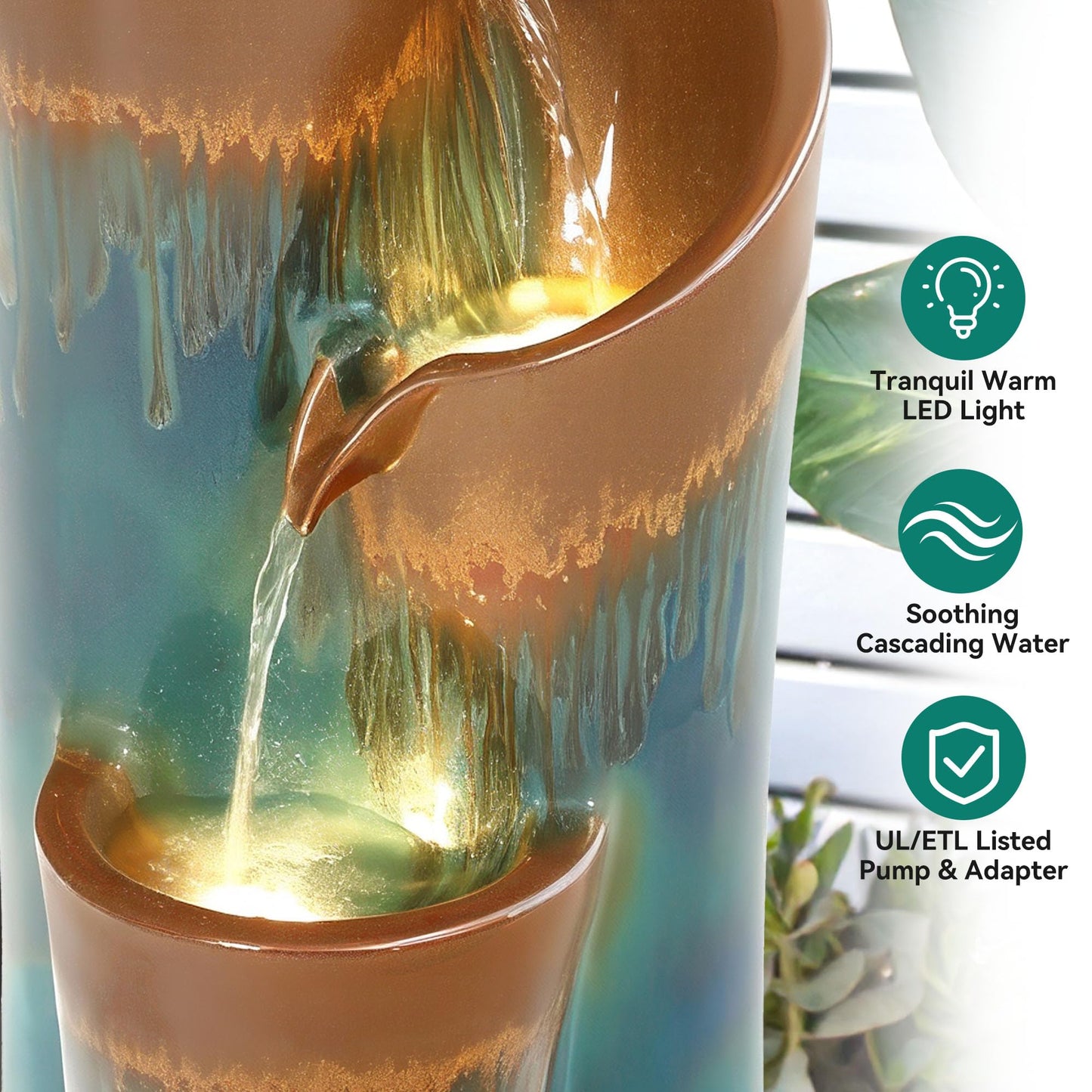 Ultym 32" H Ceramic Outdoor Water Fountain with LED Lights, 3-Tier Cascading Sphere Water Feature, Tranquil Waterfall for Relaxing Garden, Patio, Yard, or Porch, Teal & Copper Drip-Glaze Finish