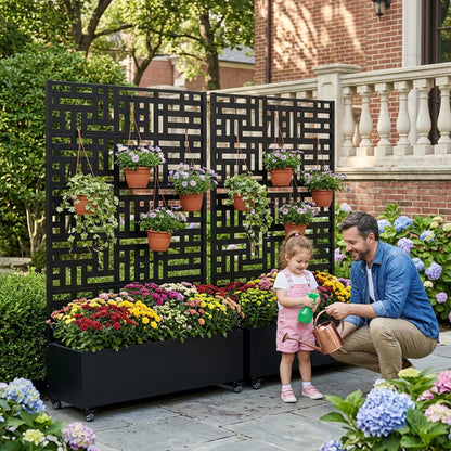 Wooakway Raised Garden Bed with Trellis, 72" H x 47" W Metal Planter Box with Privacy Screen and Wheels, 52 Gal Large Outdoor Mobile Planter for Patio, Balcony, Backyard, Climbing Plants, Black