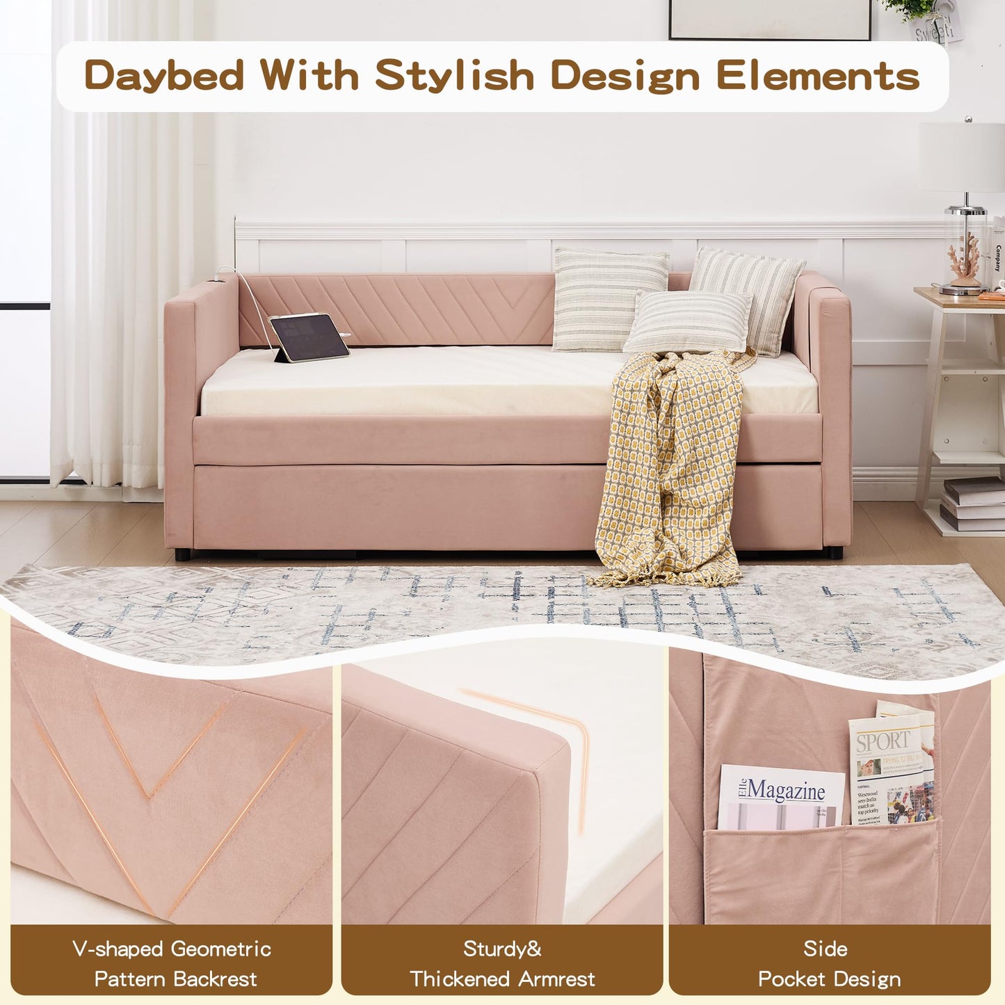 DNYN Velvet Daybed with Pop-up Trundle and USB Ports for Bedroom/Guest/Living Room, Space-Saving Twin Size Bed Frame with Side Pockets and V-Grained Backrest Design, No Box Spring Needed