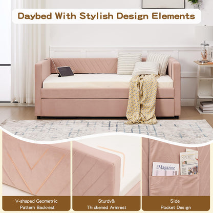 DNYN Velvet Daybed with Pop-up Trundle and USB Ports for Bedroom/Guest/Living Room, Space-Saving Twin Size Bed Frame with Side Pockets and V-Grained Backrest Design, No Box Spring Needed