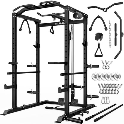Goimu C1-V4 Power Cage, 2000LBS Squat Rack with LAT Pulldown, Multi-Function Weight Cage Strength Training Machine, Workout Cage with More Attachments for Home Gym Garage (C1-Pro Bk)