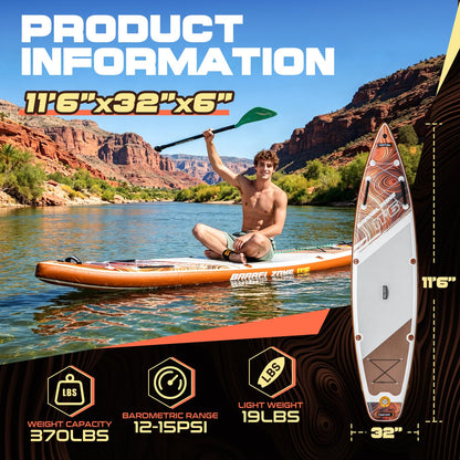 TIDETREK 11'6" Inflatable Stand Up Paddle Boards, Premium SUP Accessories, Non-Slip Comfort Deck for Youth & Adults (Amber Drift)
