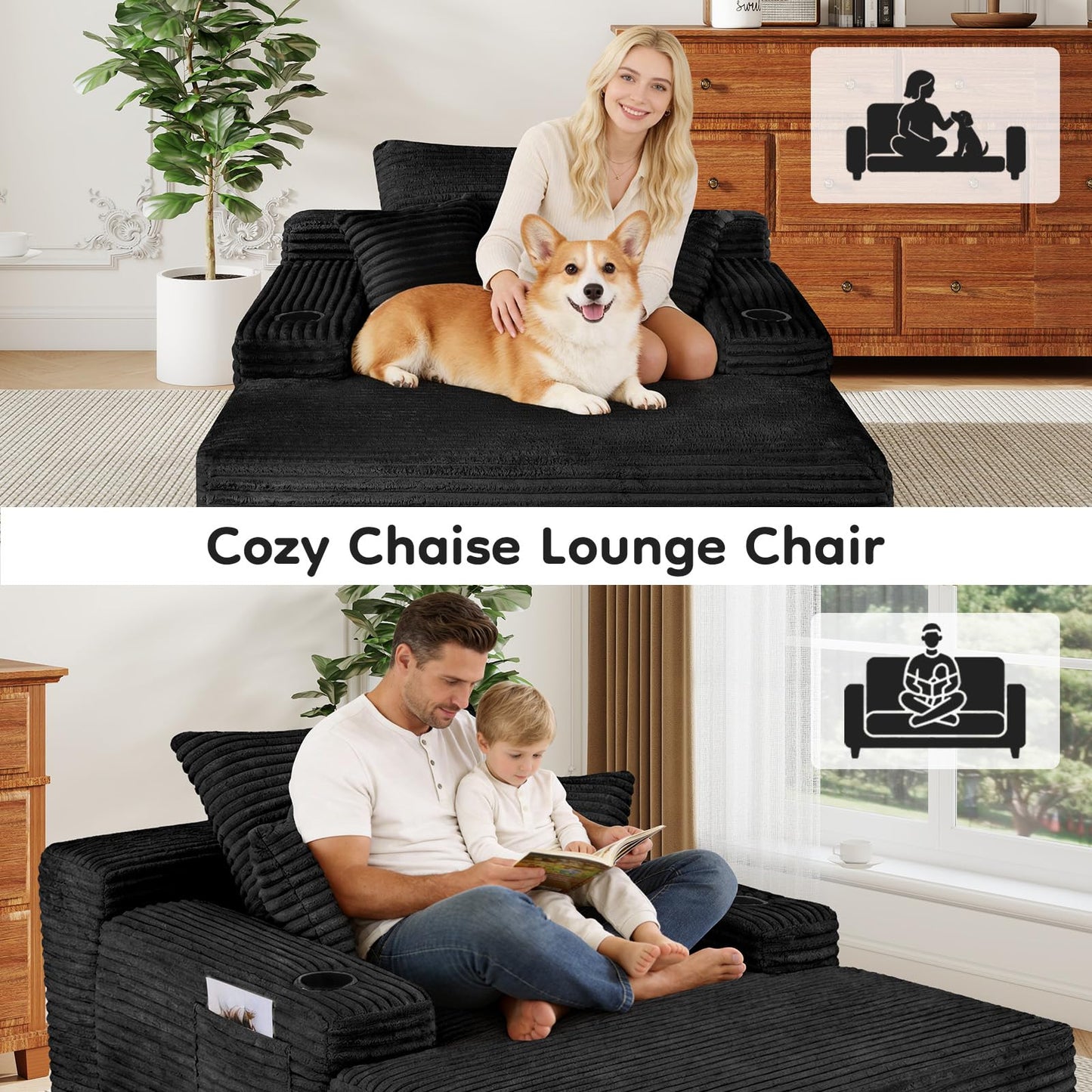 Rovibek 65" Chaise Lounge Chair Indoor, Oversized Boneless Chair for Living Room, Sofa Sleeper Chair with Cup Holders & Throw Pillows No Assembly Required, Black