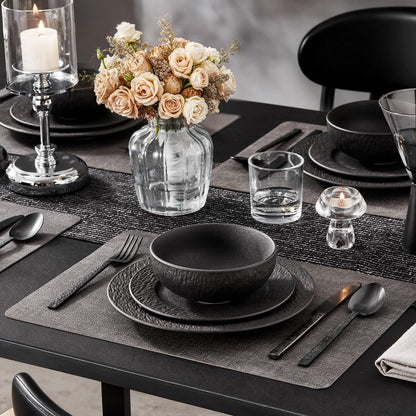 KINGSTONE Black Dinnerware Sets, 24-Piece Matte Marble Pattern Premium Porcelain, Place Setting with Dinner Plate, Salad Plate, Pasta Bowl, Microwave and Dishwasher Safe