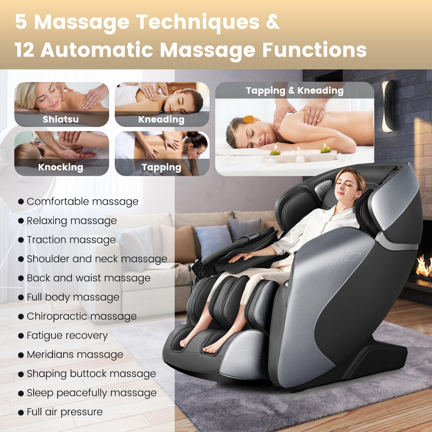 Giantex Full Body Massage Chair - Zero Gravity Shiatsu Massage Recliner with SL Track, Voice Control, Heat, Foot Roller, Thai Yoga Stretch, Airbags, 12 Auto Modes, 5 Manual Modes, Free Indoor Delivery