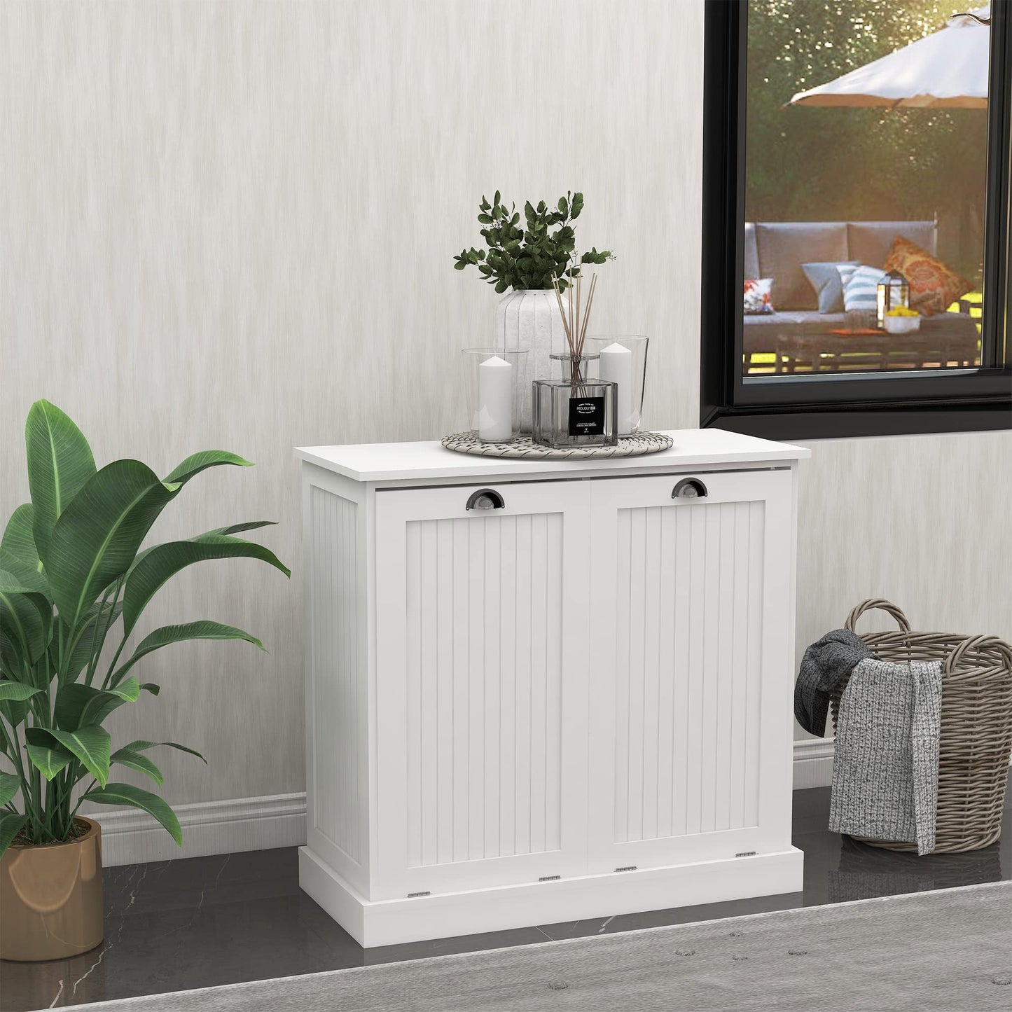 Leamoo 32.68" W x 14.57" D x 31.5" H Two-Compartment Tilt-Out Laundry Sorter Cabinet White MDF