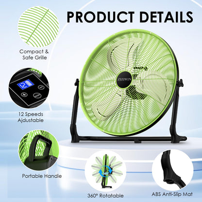 ZIZIWIN 18'' Rechargeable Battery Operated Floor Fan, Portable Cordless Camping Fan Outdoor, Long Lasting Battery Powered Fan, 360° Tilt, Wireless, USB Output, for Home Gazebo Greenhouse Outside Gym