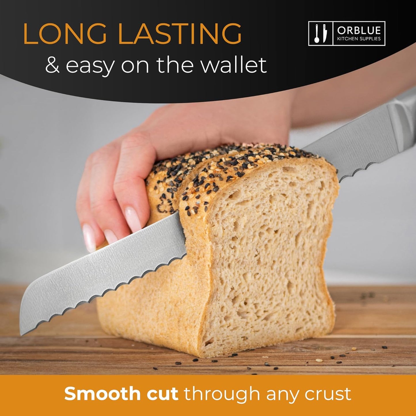 Orblue 10-Inch Serrated Bread Knife, Upgraded Stainless Steel Razor Sharp Wavy Edge for Homemade Bagels