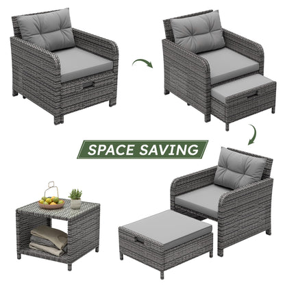 LHBcraft Balcony Furniture 5 Piece Patio Chairs Conversation Set, PE Wicker Rattan Outdoor Lounge Chairs with Soft Cushions 2 Ottoman-Glass Table for Porch, Charcoal