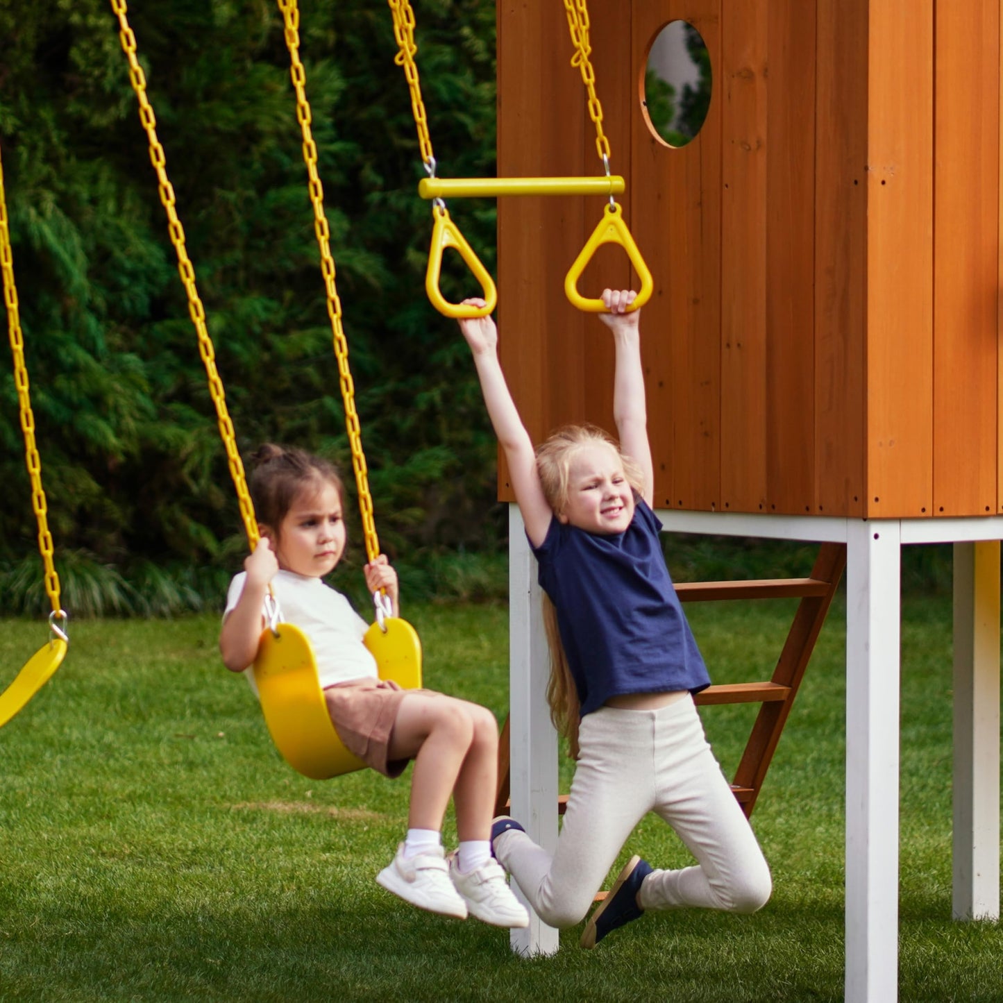 Avenlur Modern Outdoor Backyard Swing Set Children's Rock Climbing Wood Playground Playset 2 Belt Swings, Clubhouse Fort, Windows, Ladder, Wavy Slide Toddlers, Kids Climbers Play Adventure Rock 3-11yr