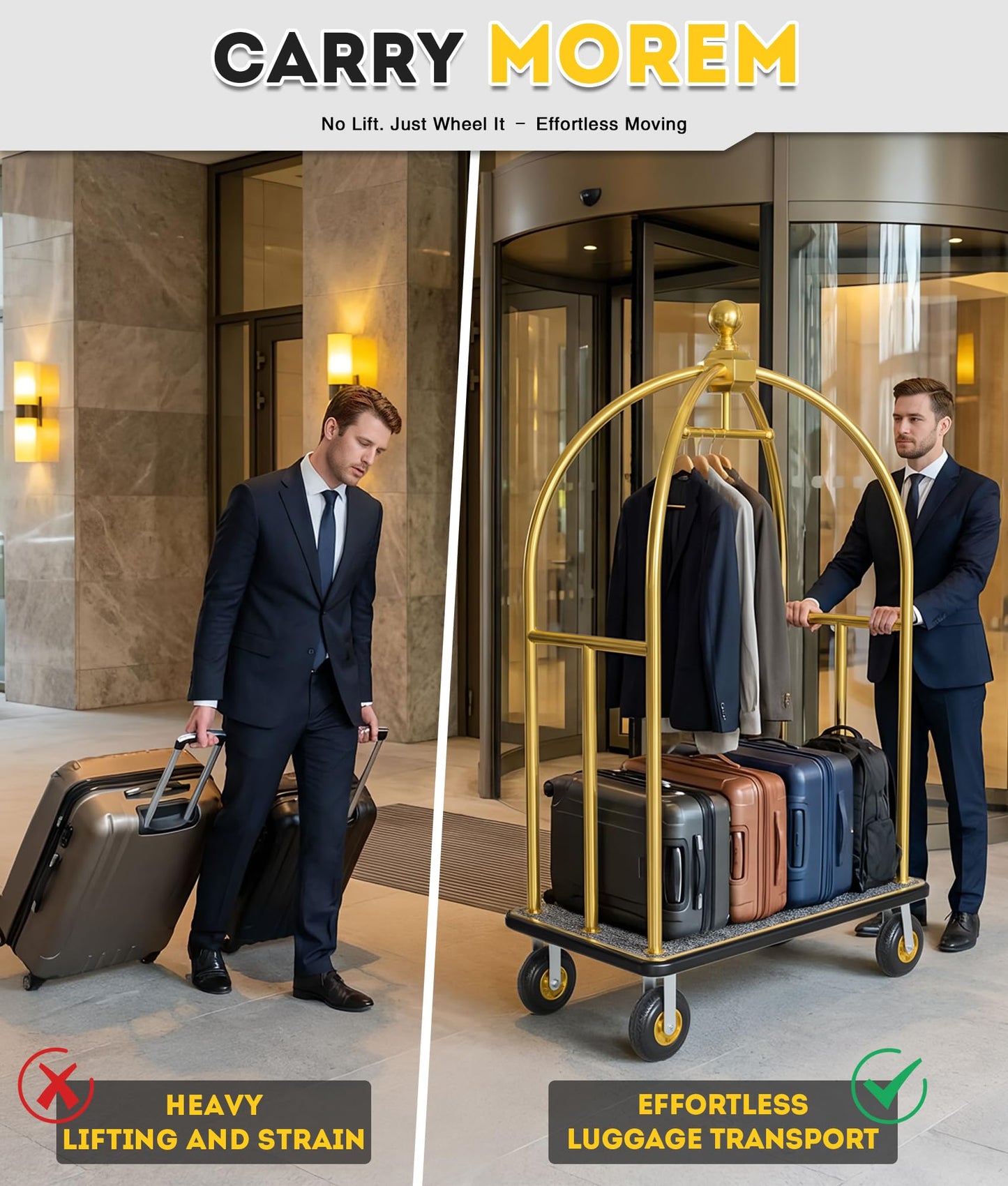 Hotel Luggage Cart, 1300LBS Load Capacity Bellman's Cart with 8" Wheels, Brushed Stainless Steel Commercial Grade Hotel Luggage Trolley with Grey Carpeted Deck for Hotels (Gold/42''L x 26''W x 74''H)