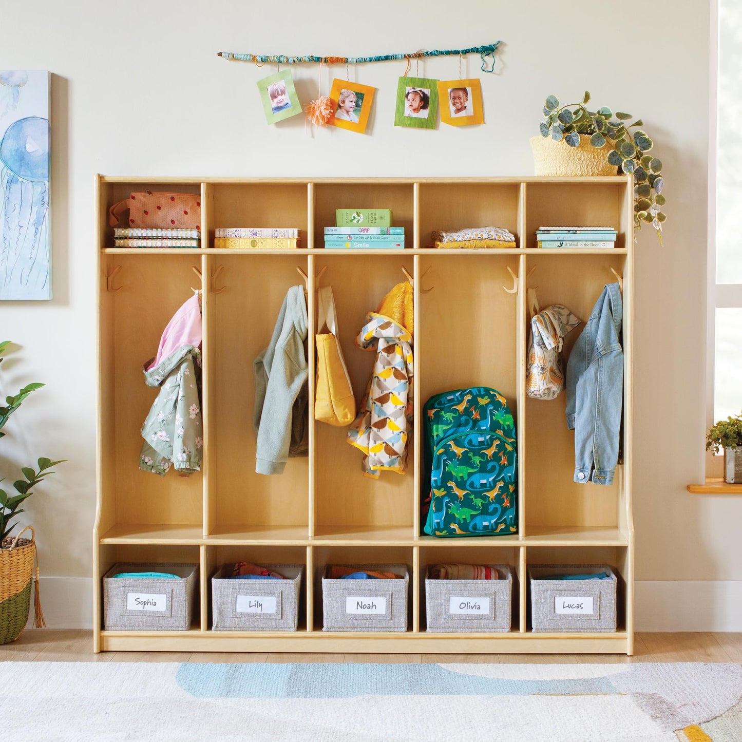 Guidecraft EdQ 5-Section Wooden Storage Locker with Bench Seat for Classroom, Kids Cubby Organizer with Shelves and Hooks for Coats, Divided Playroom Storage with Bins