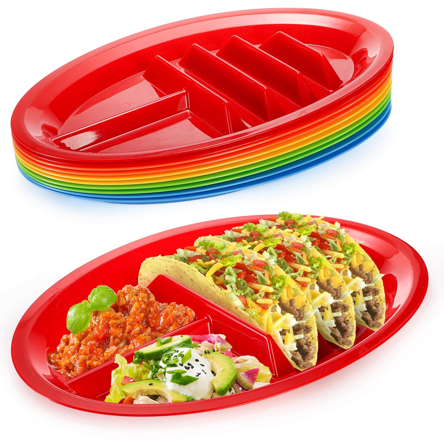 Bekith 10 Pack Plastic Taco Plates for Party, Large Taco Holder with 2 Dipping Areas, Stand Up Divider for 3 Tacos, BPA Free, Dishwasher Safe, Colorful