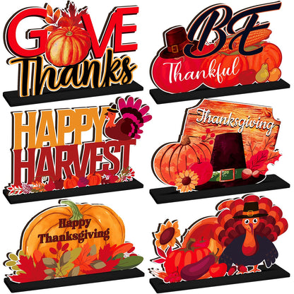 CroBlissful 6 Pcs Thanksgiving Wooden Table Decorations Happy Harvest Party Supplies Thanksgiving Turkey Pumpkin Table Centerpieces for Home Indoor Give Thanks Be Thankful Holiday Party Decor