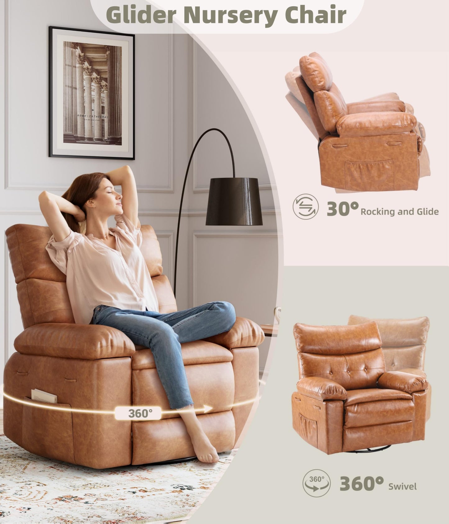 Oversized 360° Swivel Rocking Recliner Chair with Massage & Heat, Remote Control Lazy Chair for Adults with Comfort Arms and Back for Adults, Ergonomic Recliner for Living Room, Bedroom, Nursery