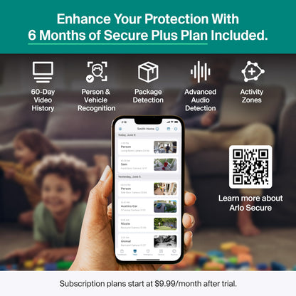 Arlo Essential Pan Tilt Security Camera 2K + 6 Months of Secure Plus Plan - Wired Plug-in Power Outdoor Camera, Person Recognition, Package Detection, Animated Preview, Auto Motion Tracking, 2 Cam