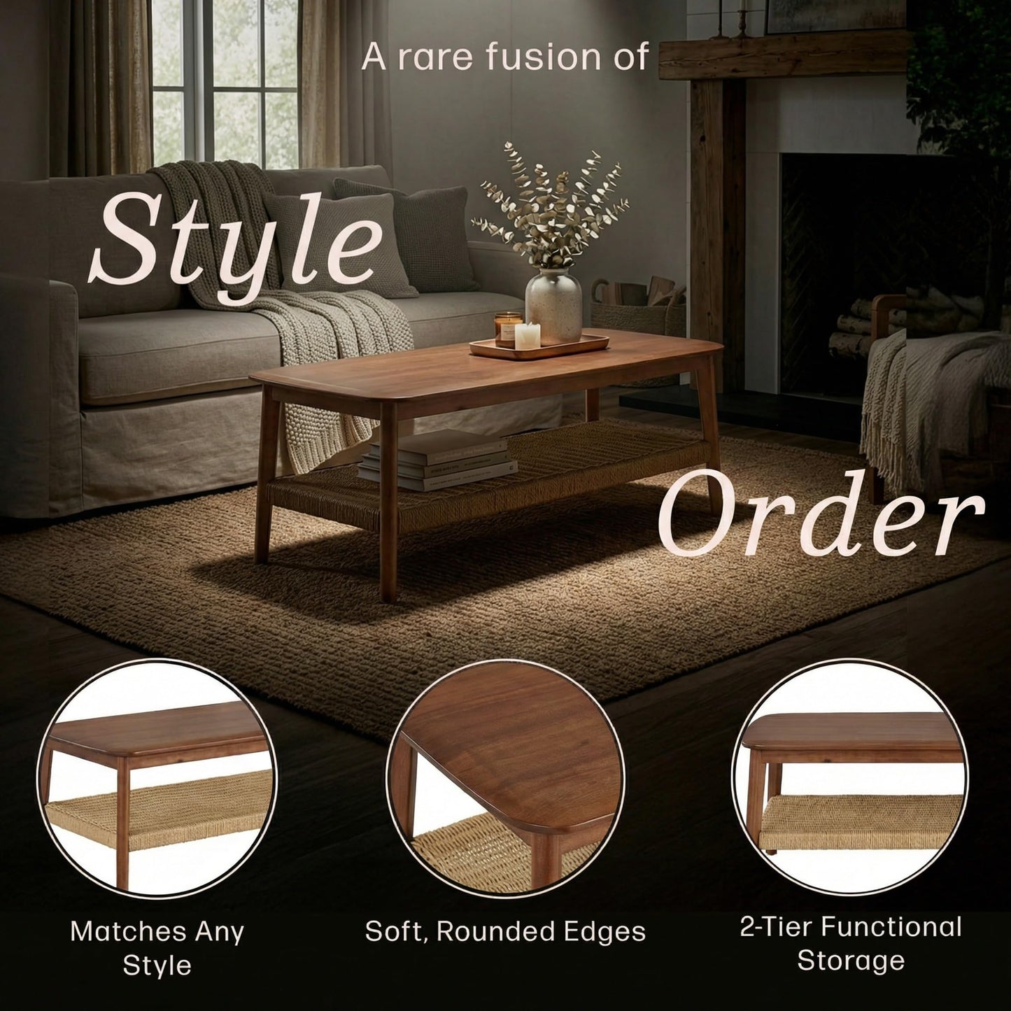 Alaterre Furniture Calais 48 Inch Rectangular Solid Wood Coffee Table with Woven Storage Shelf – Mid Century Modern 2-Tier Living Room Table (Chestnut)