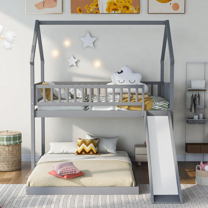 Bellemave Twin Over Full Bunk Bed with Slide and Built-in Ladder, House Shaped Solid Wood Bunk Beds with Full-Length Guardrail for Kids,Teens, Adults, No Box Spring Required, Gray