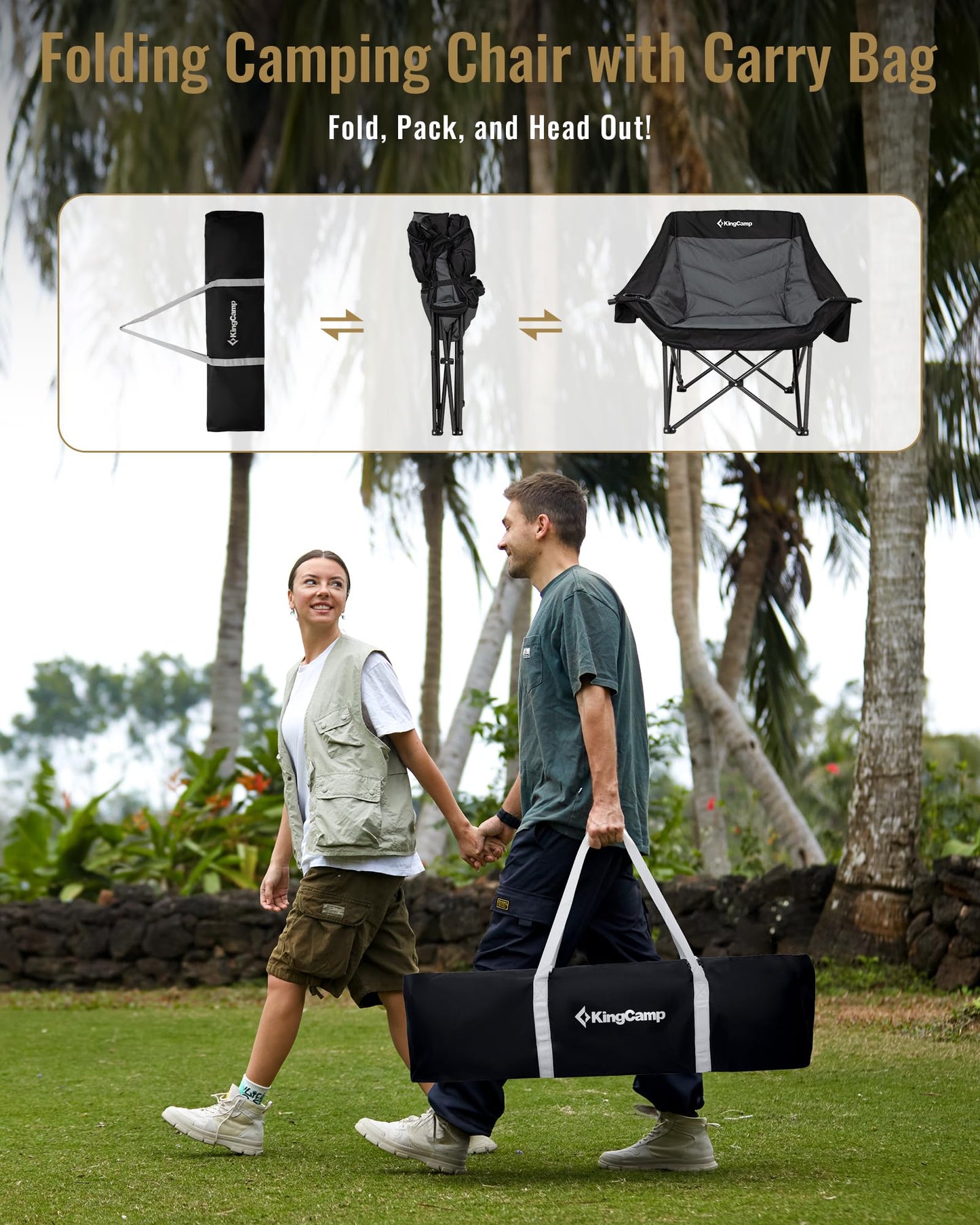 KingCamp Oversized XL Camping Chair, Heavy Duty 500lbs Folding Couch for Adults, Padded Large Comfortable Sofa Seat with Cooler Bag Cup Holder for Outdoor Sports Fishing Patio Lawn, Black/Grey