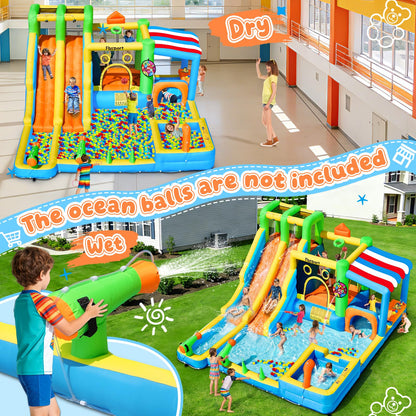 FBSPORT Inflatable Bounce House Double Water Slide,11 in 1 Inflatable Water Slide Park with 680W Blower, Splash Pool, Climbing Wall, Bouncy Castle for Indoor Outdoor Backyard