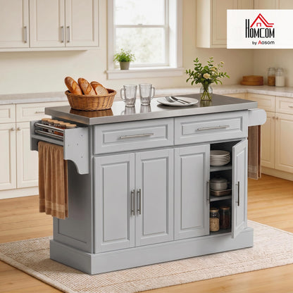 HOMCOM Rolling Kitchen Island Cart with 47" Stainless Steel Top, Portable Island Table for Kitchen with Wheels, Adjustable Shelves, 2 Drawers, Spice, Knife and Towel Rack, Gray