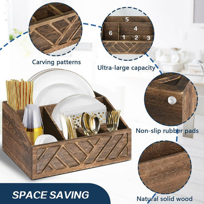 Ukonvi Paper Plate Dispenser, Paper Plate Holder for Kitchen Counter, Wood Rustic Silverware Utensil Caddy, Cutlery Flatware Organizer Box for Cups Spoons Forks Plates Napkins, Kitchen Accessories