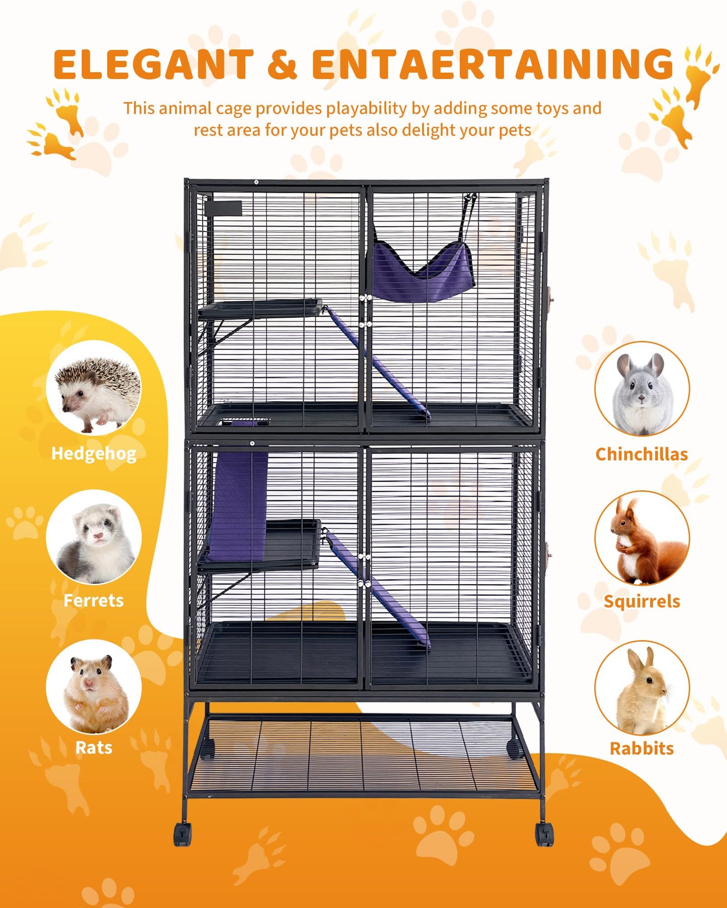 Garvee Metal Small Animal Cage,64 in H Ferret Cage for Small Animals - 4 Tier Large Hamster Cage with Removable Ramp, Hammock, Extra Storage Stand,Removable Tray for Ferret, Chinchilla, Hamster