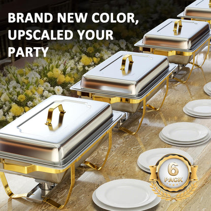 Chafing Dishes for Buffet 6 Pack, 9QT [Elegant Gold and Silver Colors] Stainless Steel Chafing Dish Buffet Set [Sturdy and High Grade] Chafers and Buffet Warmers Sets for Any Party with Complete Set