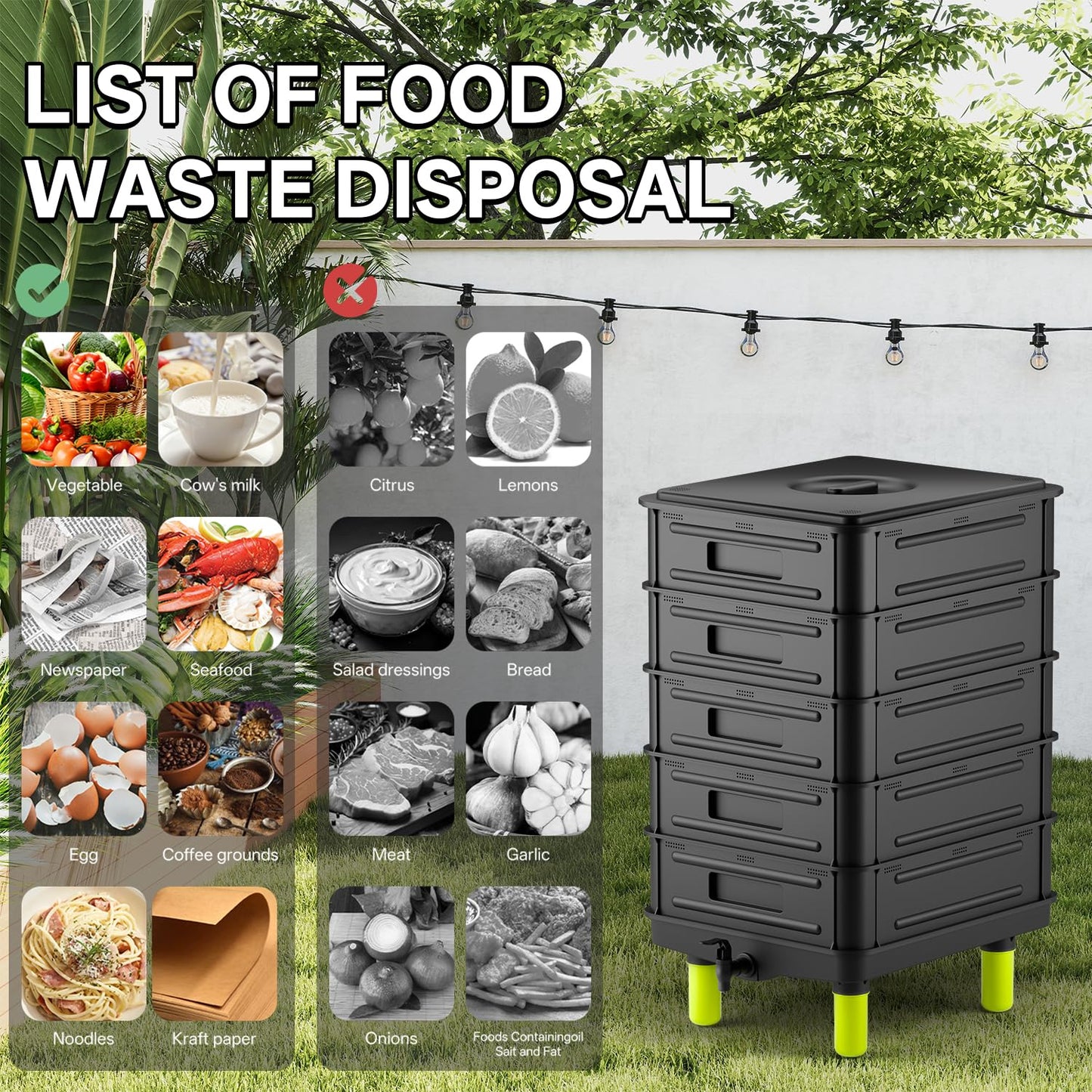 TOP XIAN 5-Layer Worm Compost Bin, 85L Worm Composter for Indoor & Outdoor, Starter Kits for Vermicomposting Starter, Garden Worm Composting Bin for Recycling Food Waste (Black)