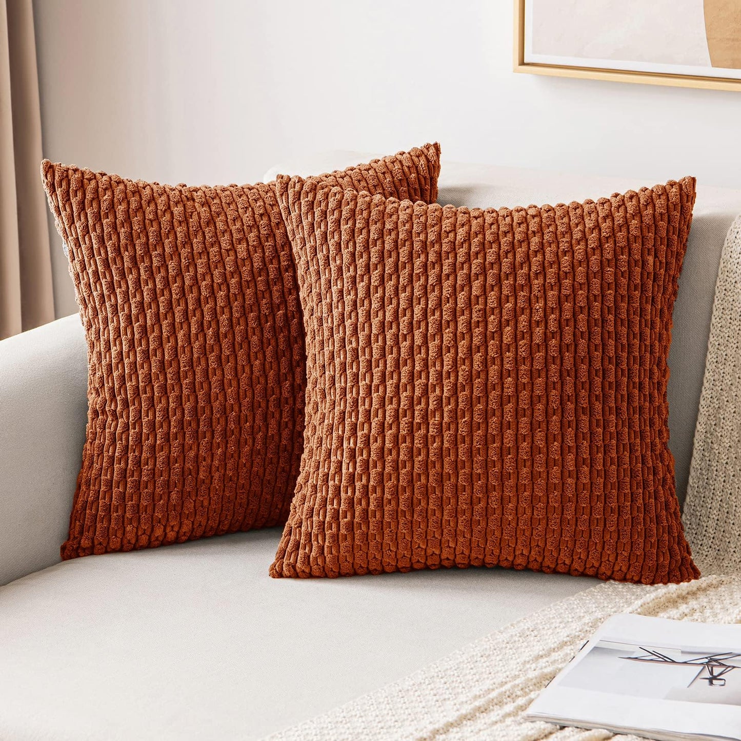 MIULEE Pack of 2 Decorative Throw Pillow Covers 18x18 Inch Soft Boho Striped Textured Corduroy Pillow Covers Modern Farmhouse Home Decor for Couch Bed Sofa Living Room Cream White