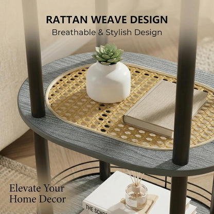 3 Tier Round Side Table with Storage, Oval End Table with Rattan Shelf & Metal Basket - Boho Nightstand, Accent Table