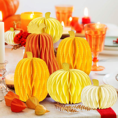 SUBBEAUTY 8 PCS Pumpkin Honeycomb Centerpieces Fall Pumpkin Party Decoration Thanksgiving Centerpieces for Tables Orange Honeycomb Decorations for Halloween Autumn Festival Party Decor