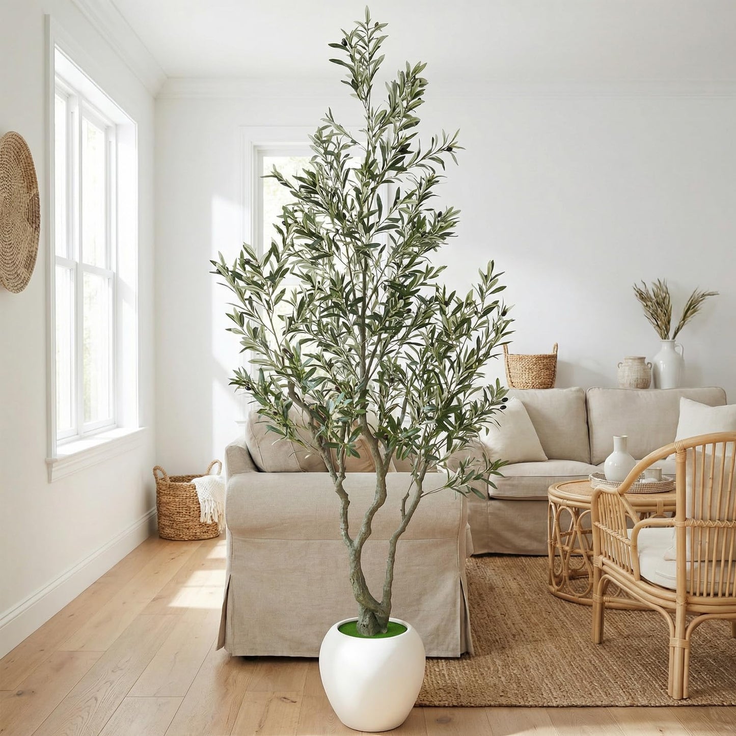 Huhemy 8ft Faux Olive Tree Artificial Indoor,Fake Olive Tree with Pot,Large Olive Branches and Lifelike Fruits,for Home Office House Living Room Decor