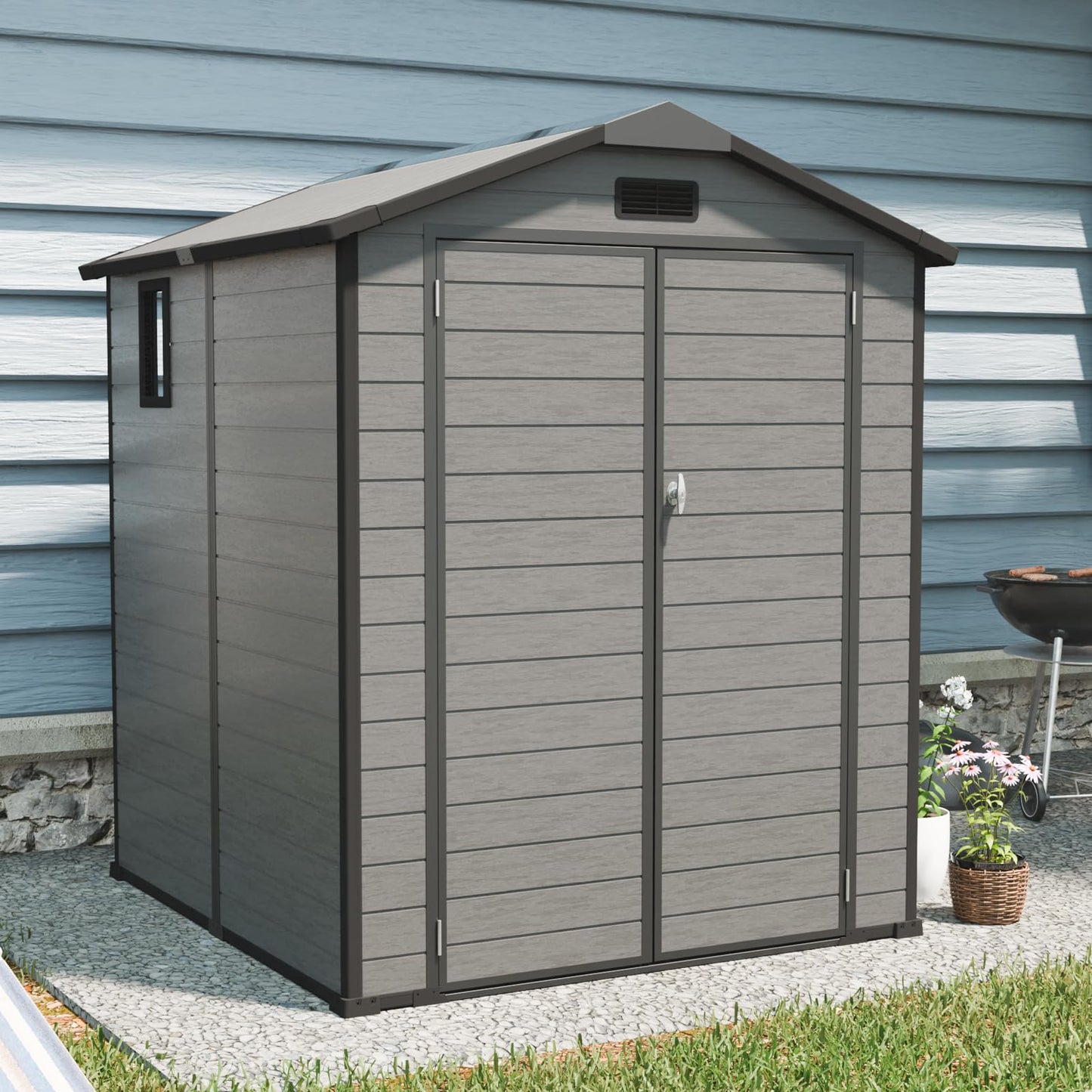 YOPTO 6x6 FT Plastic Outdoor Storage Shed,Waterproof Storage Shed with Lockable and Window,Cabinet House w/Floor & Vents,for Storing Bicycles,Lawnmowers,Dark Gray