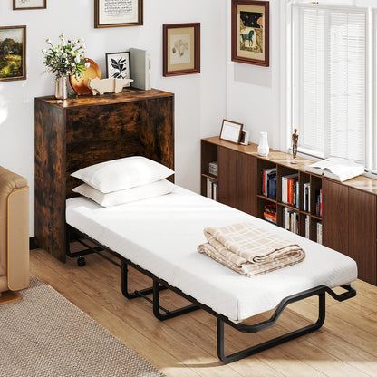 Giantex Murphy Bed Cabinet with Mattress Included, 74" x 31" Cot Size Fold Out Bed with Storage & Lockable Wheels, Metal Frame, 2 in 1 Roll Away Bed with Mattresses for Adults Guests