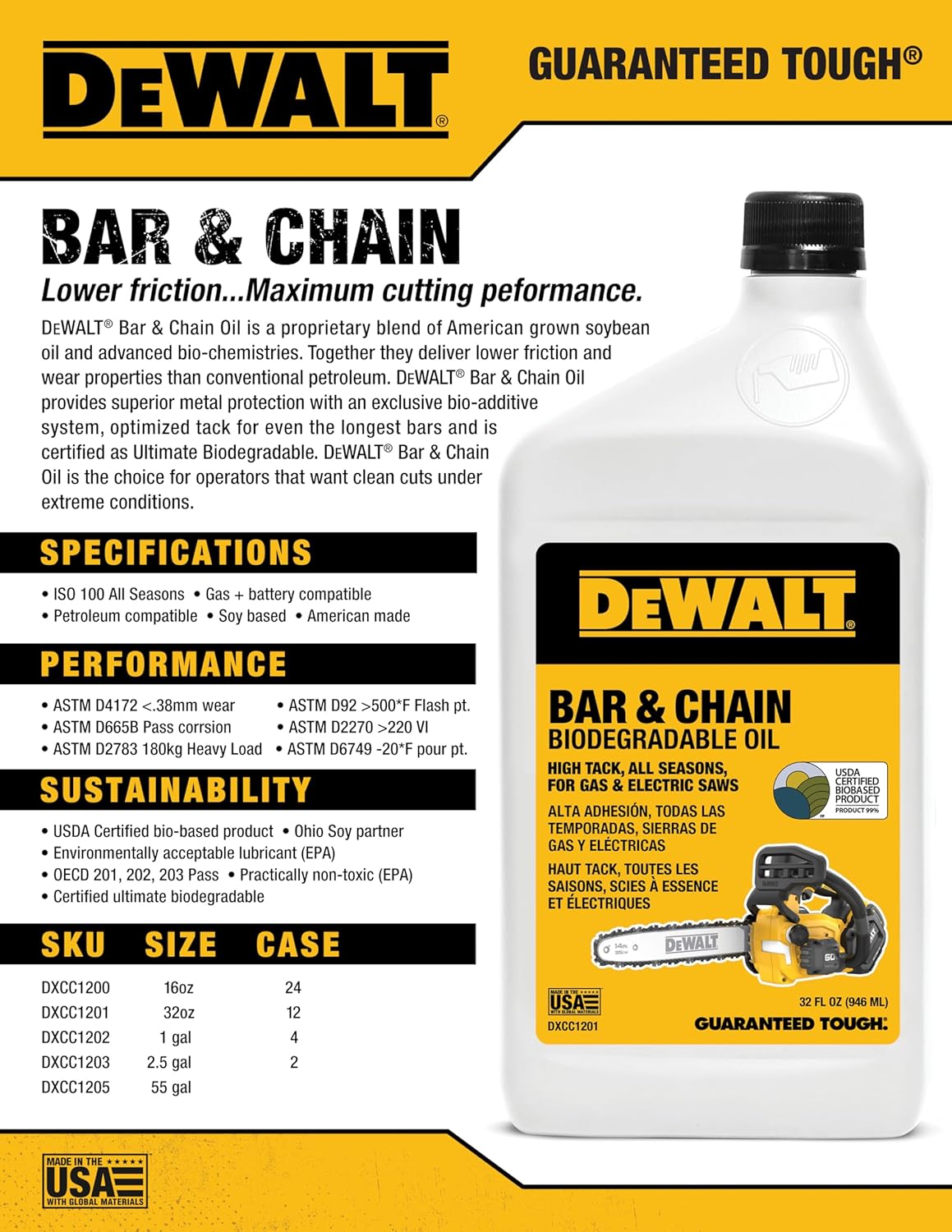 (32 oz 2)) DEWALT Biodegradable Bar & Chain Oil Green, Eco-Friendly, Non-Toxic Professional Bar & Chainsaw Lubricant
