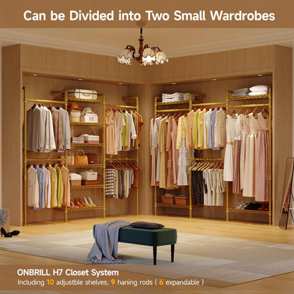 ONBRILL L7 Wall Mounted Industrial Pipe Clothing Rack – Heavy Duty Modular Closet System with 9 Hanging Rods ( 6 Expandable) & 10 Adjustable Shelves, Corner Garment Rack, Large Wardrobe - Gold