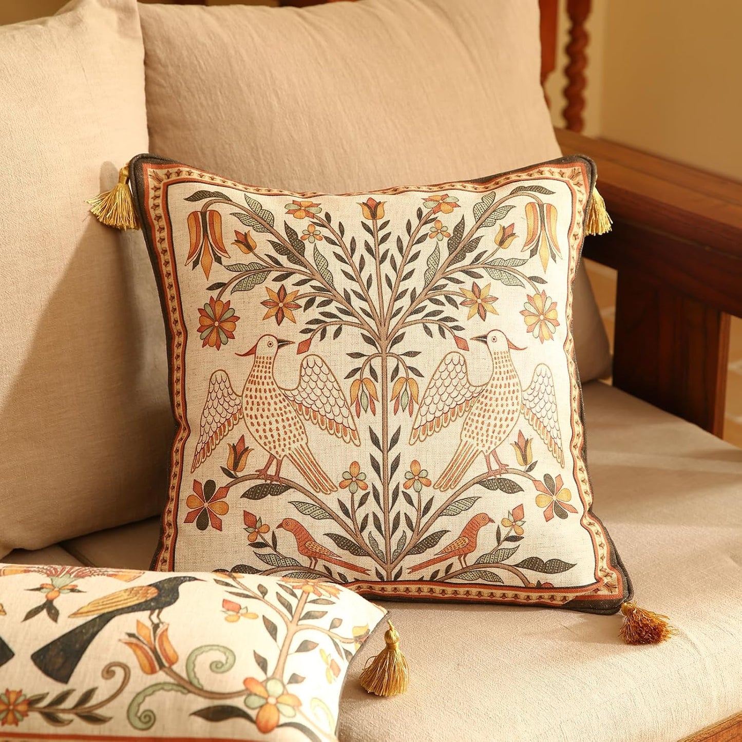 18"x18" bilin gaier Square Brown Throw Pillow Covers,Floral Farmhouse Yellow Birds Flower Pattern Linen Accent Pillows