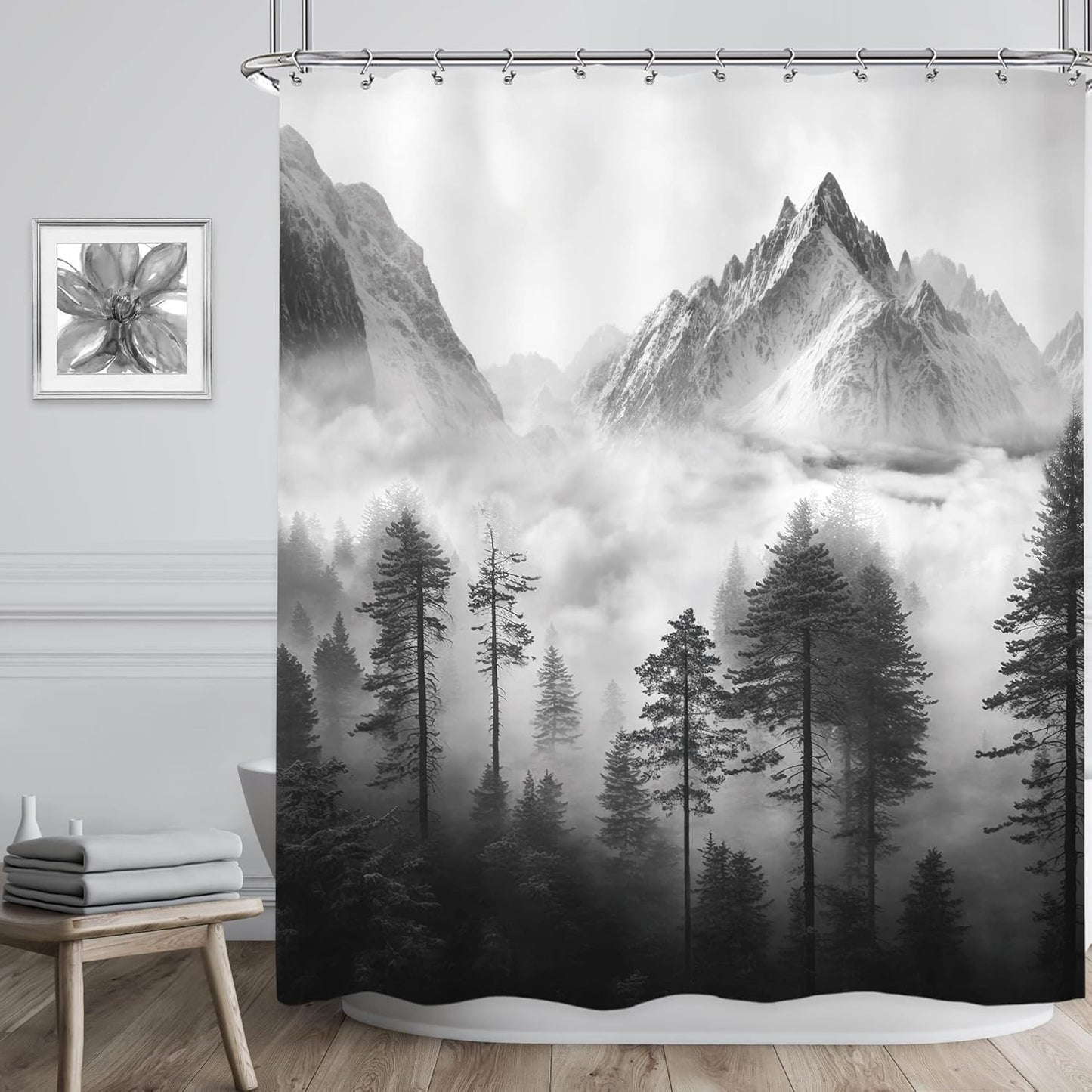 Riyidecor Misty Shower Curtain, 72" x 72" Foggy Snow Mountain Scenery for Bathroom Decor with 12 Pack Hooks