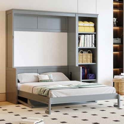 Ball & Cast Murphy Bed Chest Full Size,Hideaway Wall Bedframe with Desk and Bookshelf,Space Saving Cabinet Bed w/Shelf,Slat Support,can be Folded,Bedroom Furniture for Small Space,Gray