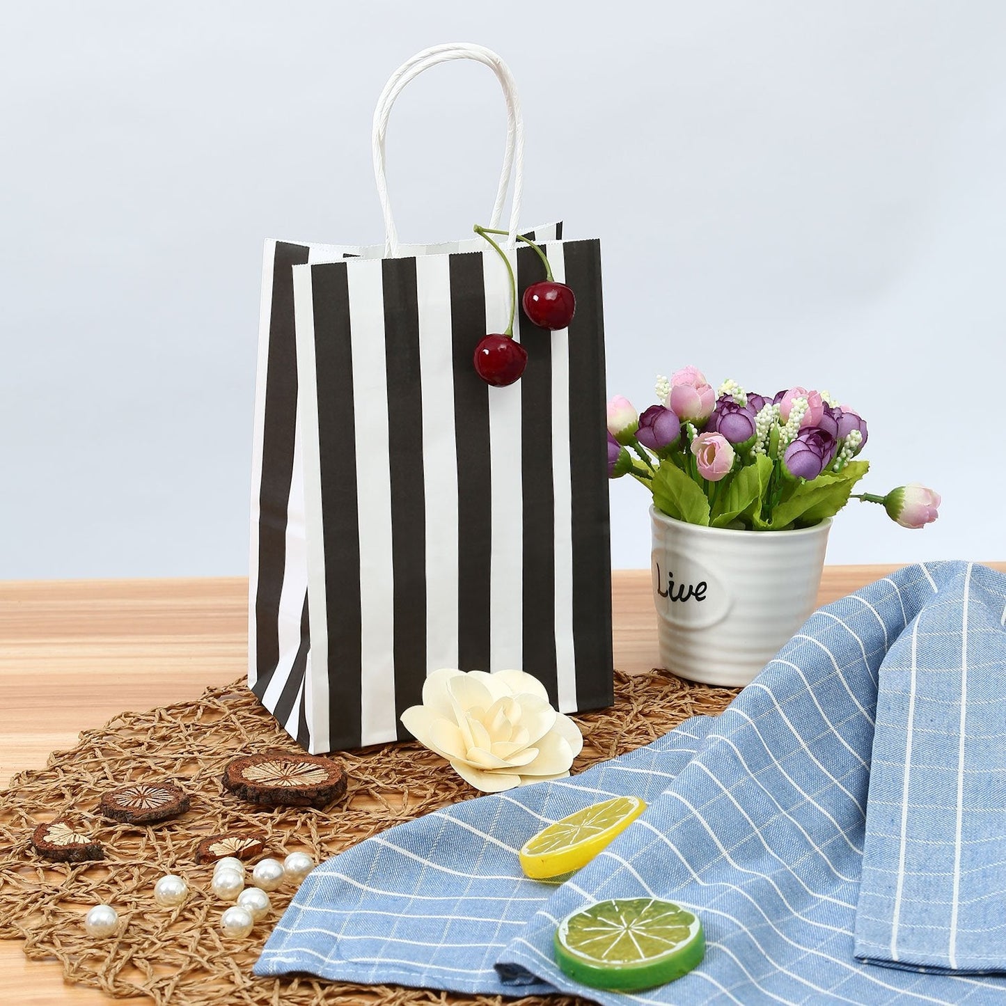 Ronvir 100Pcs Small Gift Bags,Black & White Striped Recycled Paper Bag