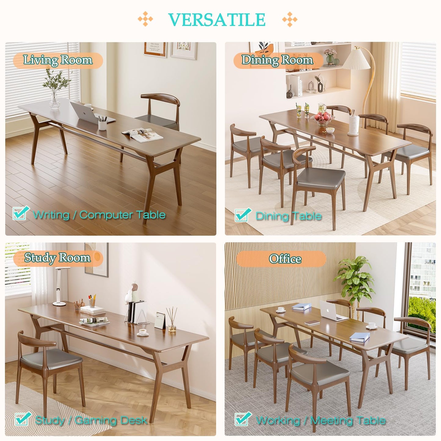 OSCHF Solid Wood Study Desk - 78.8" Double Long Computer Table for Home Office, 2-Person PC Workstation, Walnut