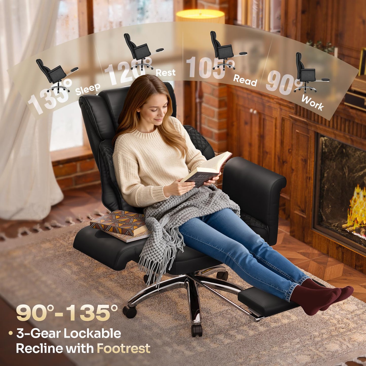 Ergonomic Office Chair with Footrest, Criss Cross Legged Desk Chair with Flip-Up Arm, Wider Thicker Spring Seat, Lumbar Support, Pet-Friendly, Big and Tall High Back Heavy Duty Executive Leather Chair