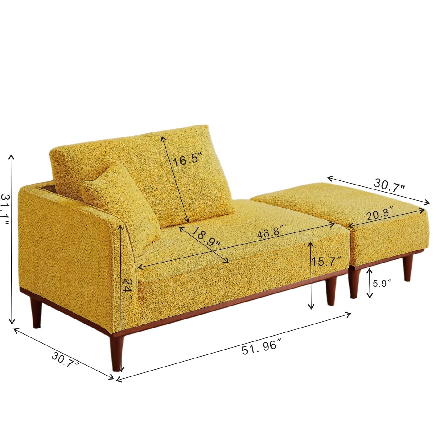 KEIKI 73" Upholstered Chaise Lounge Chair Indoor, Left-Hand Facing Long Chaise with Ottoman, Reading Lounge for Small Space Bedroom or Living Room, Yellow