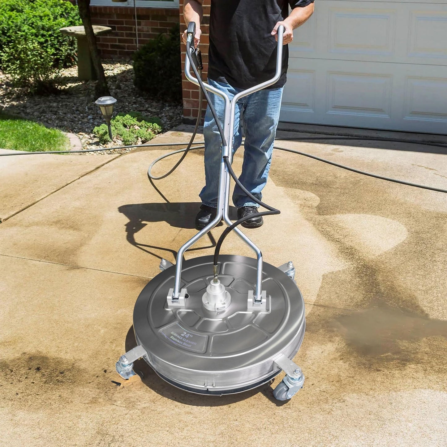 Hourleey 24" Pressure Washer Surface Cleaner with Dual Handles, Stainless Steel Surface Cleaner with 4 Wheels for Driveways, Pathway, Sidewalks, Patios, Decks, 4500 PSI with 3/8" Quick Connector Kit